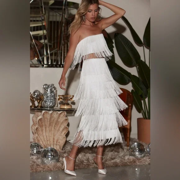 12th Tribe Gatsby White Fringe Midi Skirt Western Bridal - Picture 3 of 4